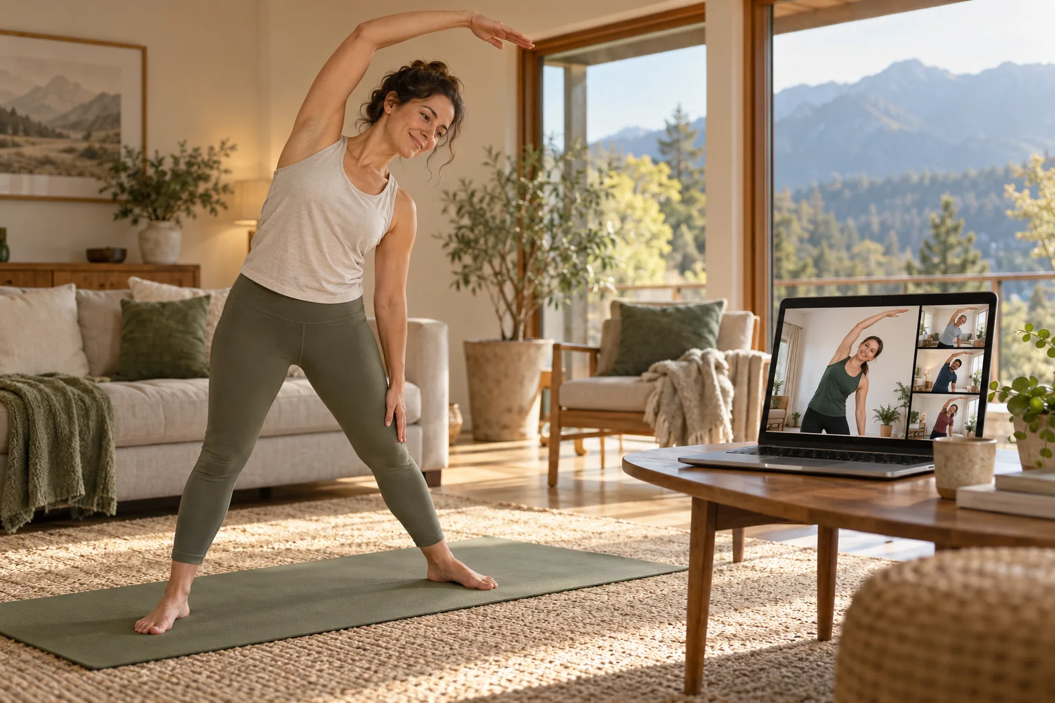 A participant follows a live online movement class from home while a physiotherapist guides other people on screen
