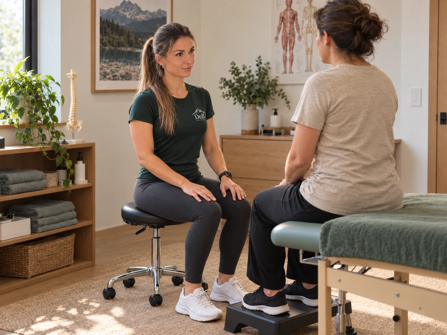 Dóri speaking with a client during an in-person physiotherapy consultation