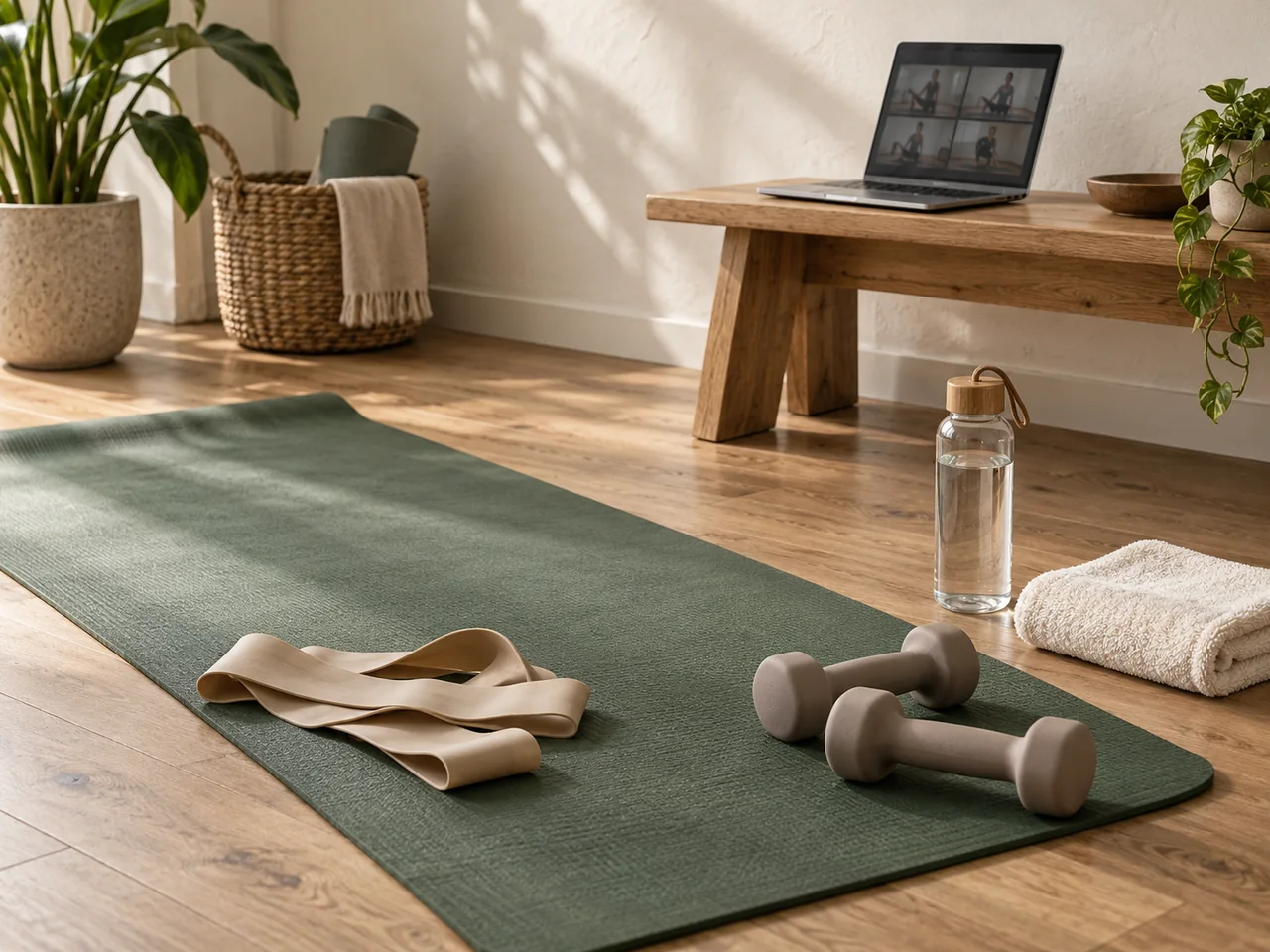Exercise mat and laptop prepared for an online group class