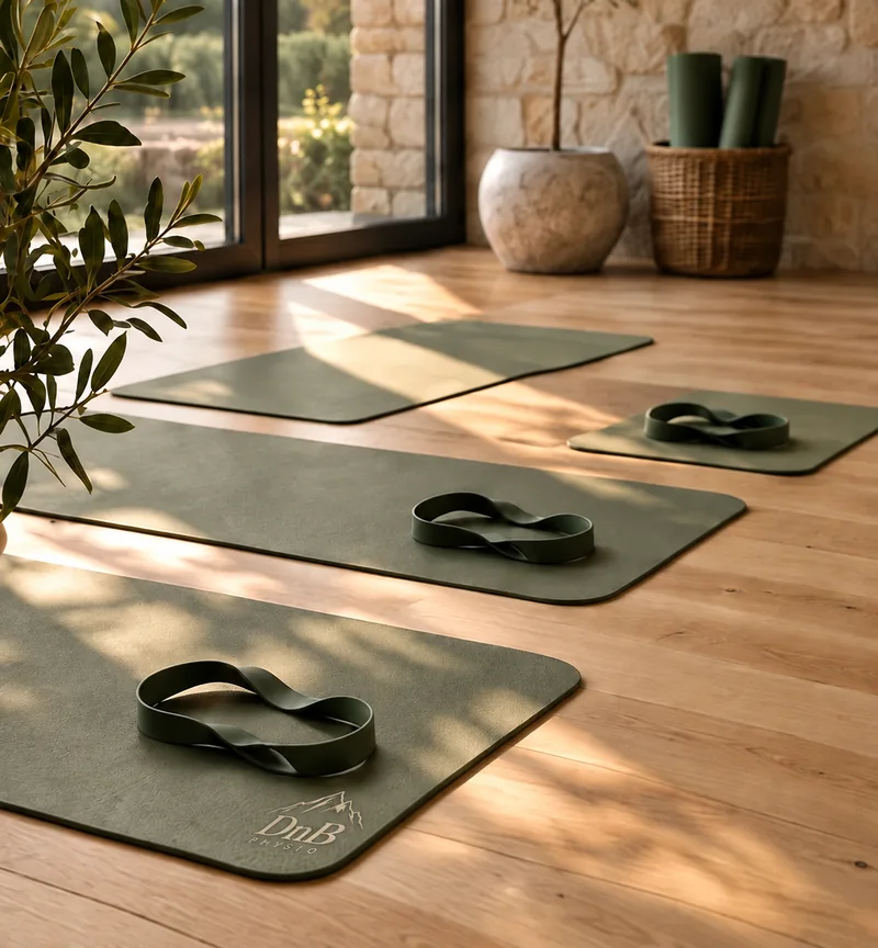 DnB Physio exercise mats and resistance bands in a sunlit studio