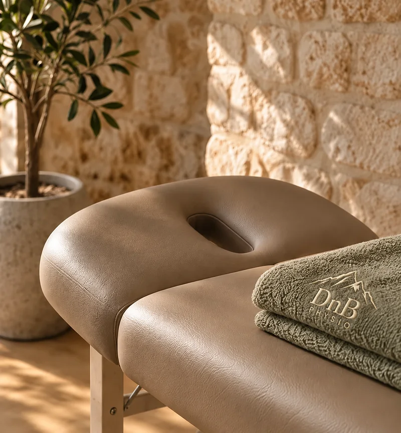Physiotherapy treatment table with a DnB Physio embroidered towel