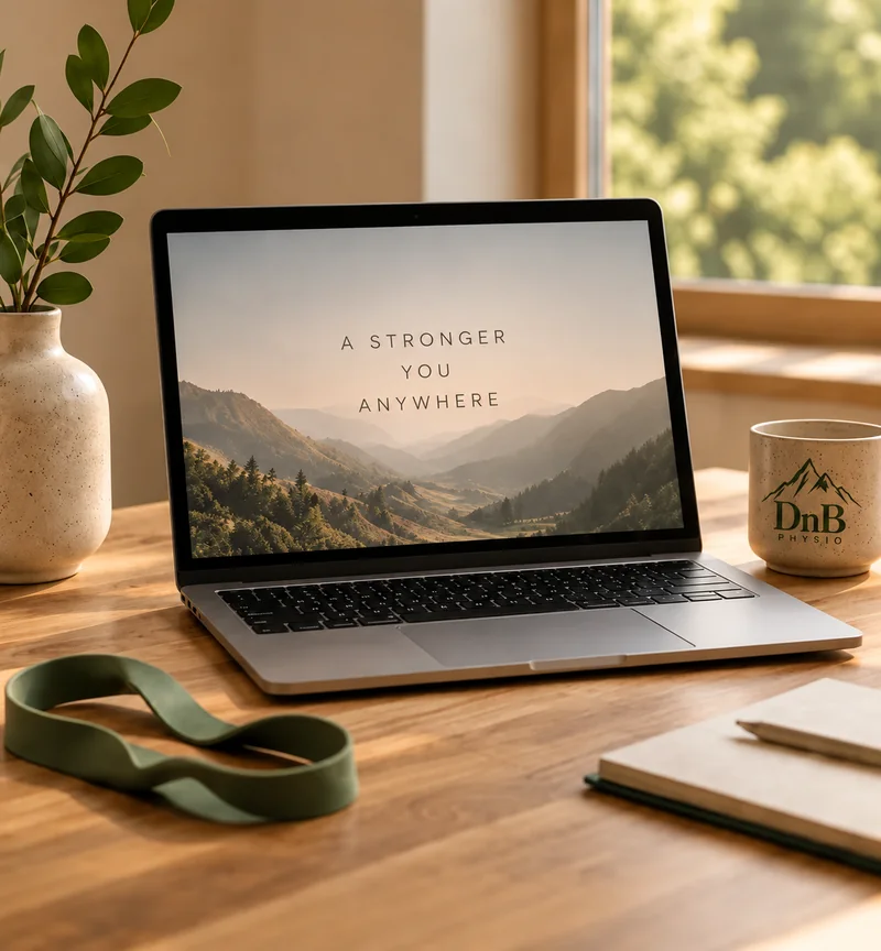 Laptop and DnB Physio mug on a wooden desk