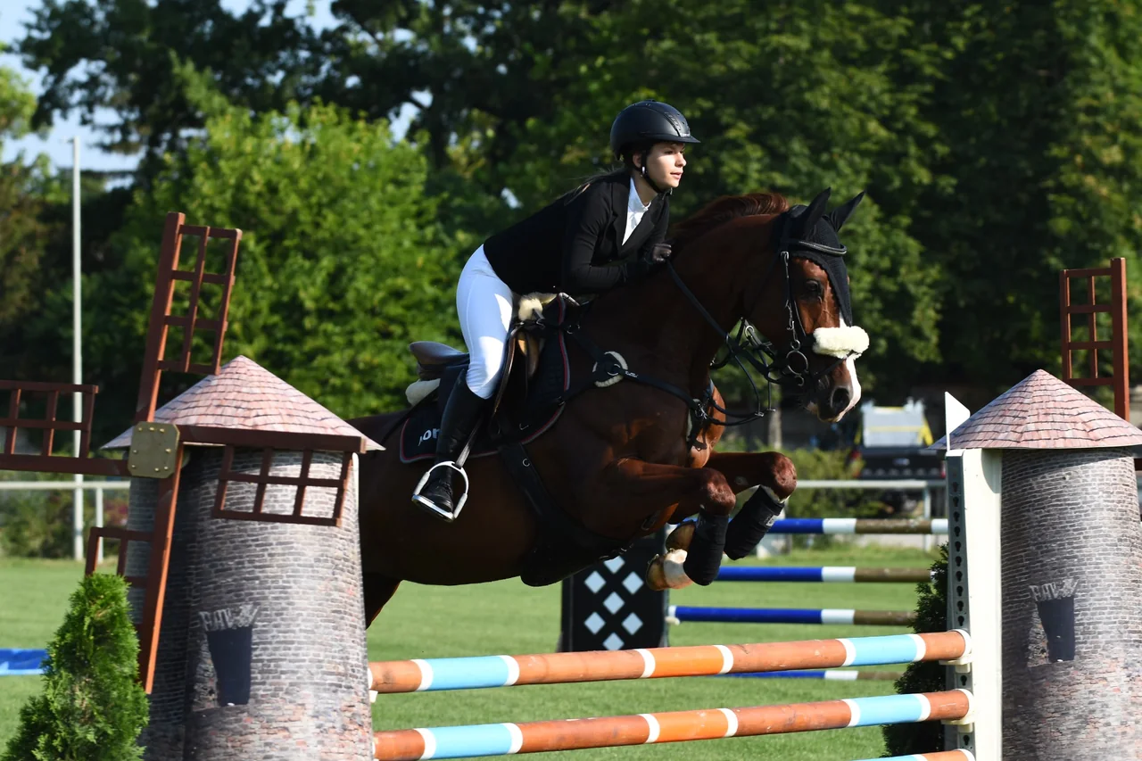 Horse and rider clearing a show-jumping fence